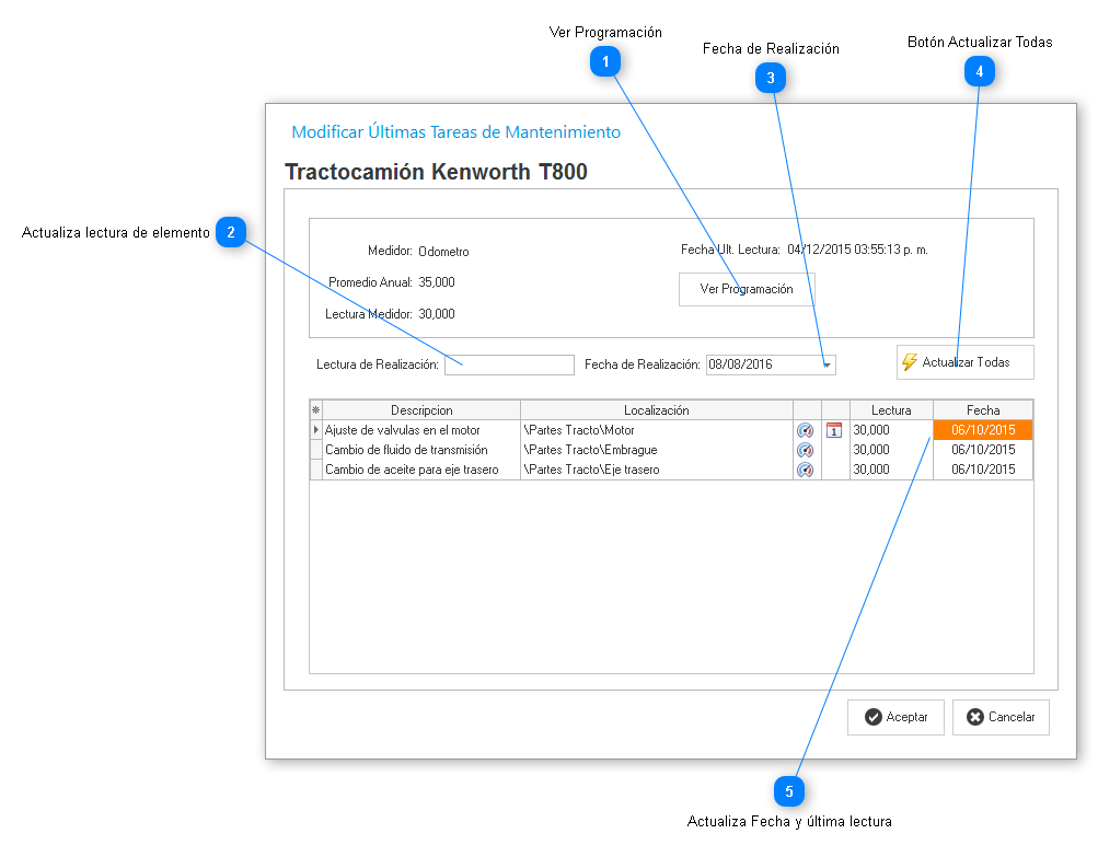 Modificar últimas tareas de mantenimiento